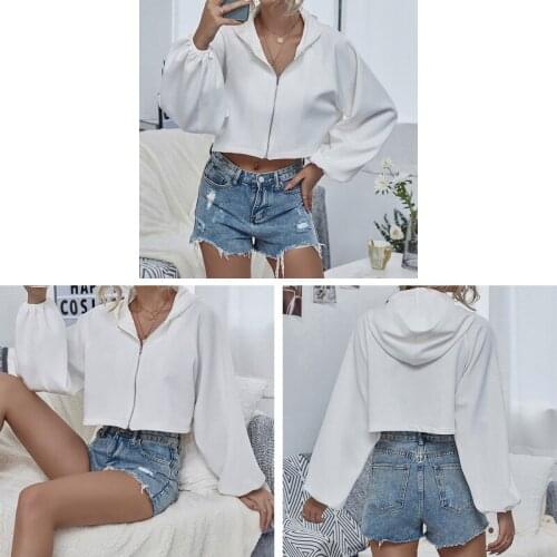 Kili Women Zipper Hooded Crop Jacket Coat Autumn Streetwear Casual Outwear Crop Sports Sweater Coat White