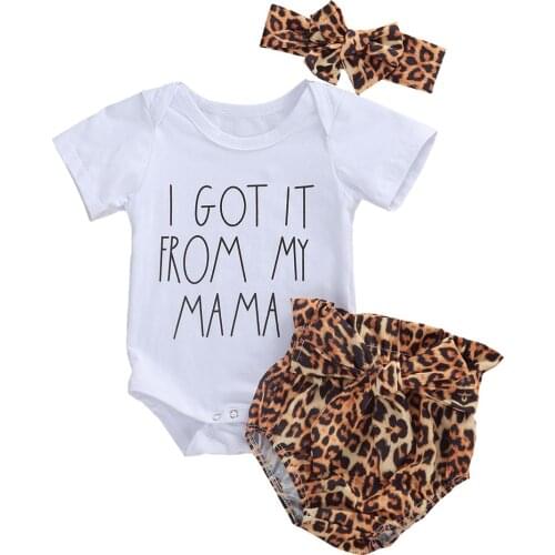 0-24M Newborn Baby Girls Boys Clothes Sets Letter Short Sleeve Romper Tops Leopard Shorts Headband