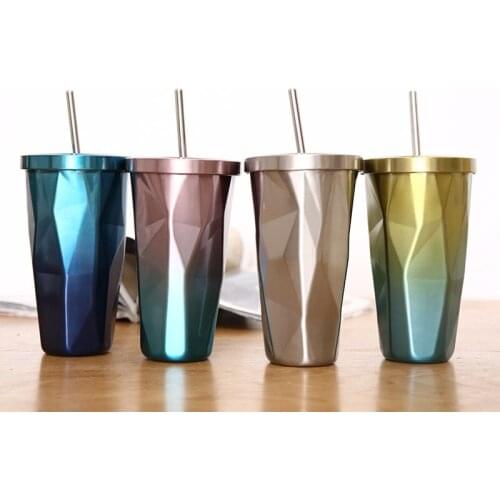 0.5 L water bottle Mugs Irregular Double Wall Stainless Steel Cups Beach Rainbow Ice Wine Cup with Lid Straws Bottles WF1021