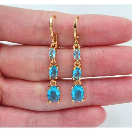 Fashion Gold Color Aqua Blue Cubic Zirconia Water Drop Dangle Earrings for Women