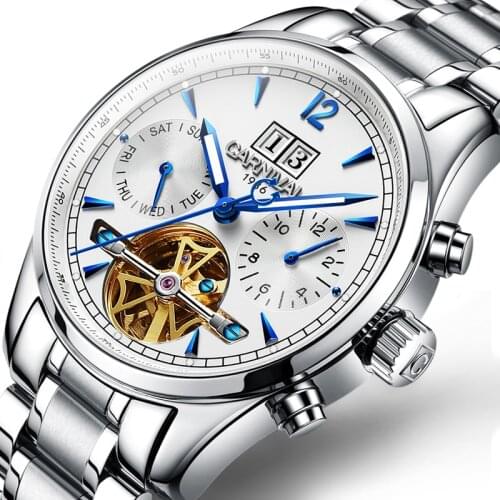 Tourbillon Watch Men CARNIVAL Fashion Skeleton Watch Automatic Mechanical Watches Calendar Luminous Waterproof Reloj Hombre 2021