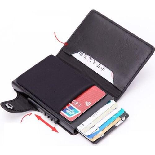 Aluminum RFID Card holders Vintage PU Leather Coin Purses Automatic Slide Card Case Casual Men wallet RFID Blocking Card Wallet
