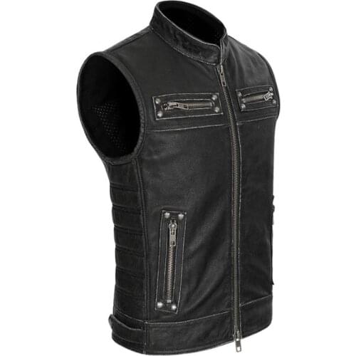 Mens Real Leather Stand Collar Motorcycle Biker Waistcoat Vest Genuine Leather Cowhide Vintage Zipper Pockets Sleeveless Jackets