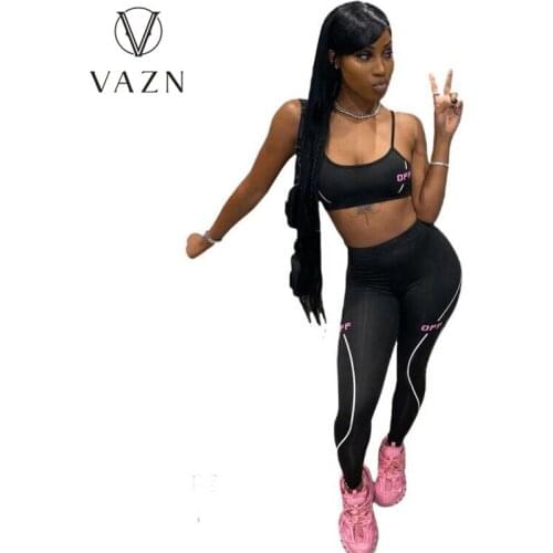 VAZN 2021 New Letter Black Sexy Soft Elastic Spaghetti Strap Top Long Pants Young Tracksuits Skinny Women 2 Piece Set
