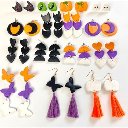 Halloween Originality Clay Earrings Tassels Cat Alien Pumpkin Moon Fashion Jewelry Brown Drop Dangle Gift Polymer Clay Earrings