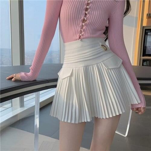 TVOVVIN Pleated Skirts Solid A-line High Waist Sweet 2021 Spring Summer Mujer Faldas Retro Sexy Korean Fashion Woman Skirts 70RJ