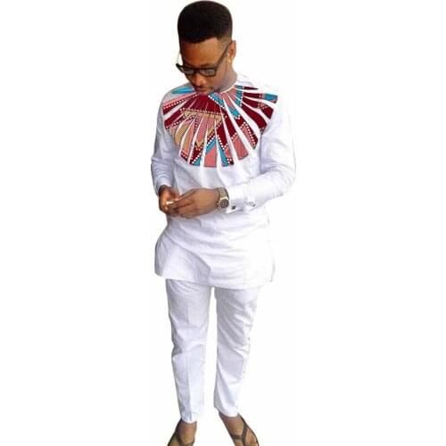 Festive Africa Clothing Men Ankara Clothes African Print Long Sleeve Shirt With Pant Mens Set Batik&White Cotton Splicing