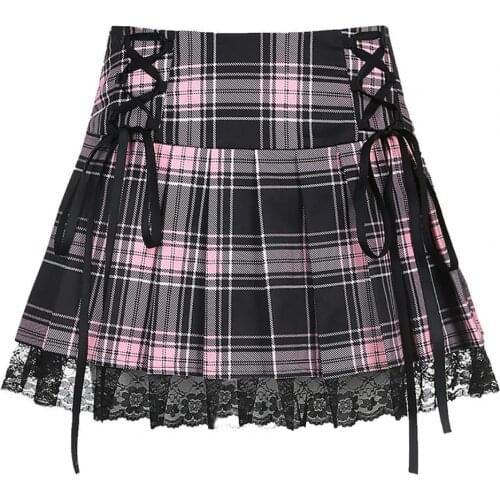 Sexy Women Mid Rise Plaid Lace Trim Tie Up Pleated Zipper Cosplay Mini Skirt