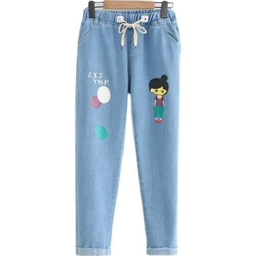 Merry Pretty Denim Women’s Cartoon Embroidery Denim Skirts 2019 Atumn Elasticity Waist Straight Jeans Pants Ankle Length Pants
