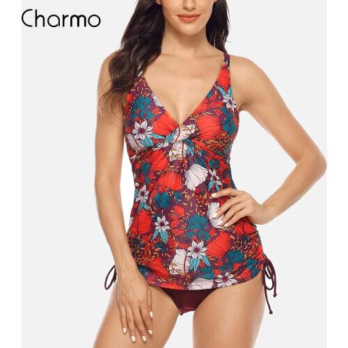 Charmo Women Swimwear Tankini Set Two Piece Vintage Floral Printed Swimwear Back Cross Swimsuit Beachwear Bathing Suit