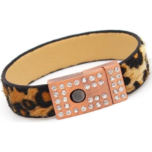 Leopard Crystal Magnetic Buckle Leather Bracelets For Women Warp Bracelets & Bangles Metal Button Party Jewelry Gifts