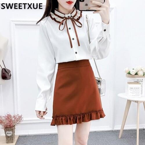 SWEETXUE Women Spring Preppy Style Contrast Color Chiffon Shirt Top High Waist Ruffle Skirt Suit Two-Piece Sets Outfits Ladies