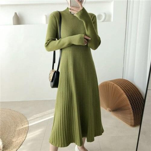 Pullover Knitted Dress Women Fashion Elegant Retro Long Sleeve Slim Sweaters Warm Mid-Length A-Line Dress Ladies Clothing New