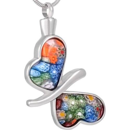 Stainless Steel Memorial Jewelry Ashes Keepsake Pendant for Ash Holder Millefiori Glass Butterfly Cremation Urn Necklace