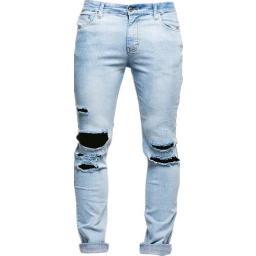 2021 New Spring Wash Light Blue Denim Trousers Mens Distressed Ripped Skinny Jeans Men Brand Man Knee Big Hole Jeans Fashion