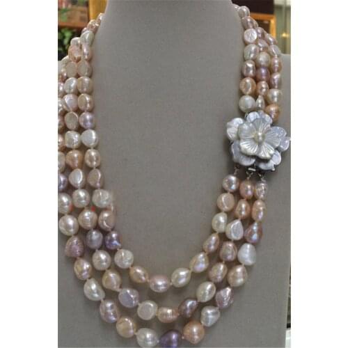 3row white pink purple 8-9mm pearl necklace shell clasp