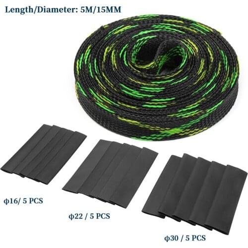 5M 15mm Insulated PET Expandable Braided Cable Sleeve With Heat Shrinkable Tube Kit Braided Sleeves Black+Green