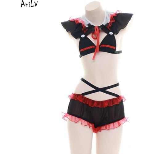 AniLV Anime Witch Sexy Black Chiffon Awimsuit Costume Lolita Girl Three-point Swimwear Lingerie Uniform Pool Party Cosplay