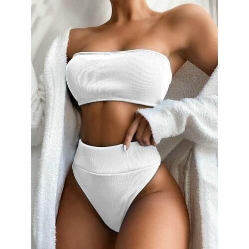 High Waist Bikinis Bandeau Swimsuits Swimwear Women Black Strapless Biquini High Cut Bathing Suit Women 2021 Beachwear