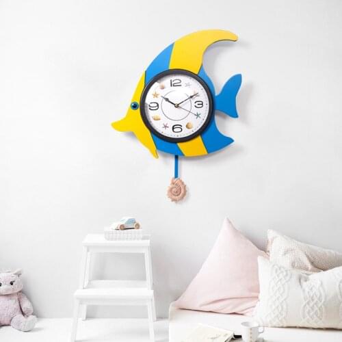 Fish Large Wall Clock Wood Silent Watch Swing Clock Living Room Modern Cartoon Kids Wall Clock for Children Room Reloj De Pared
