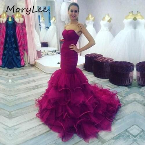 Burgundy Evening Dresses Sweetheart Sleeveless Mermaid Soft Tulle Lace Up Evening Dresses Backless vestidos de fiesta de noche