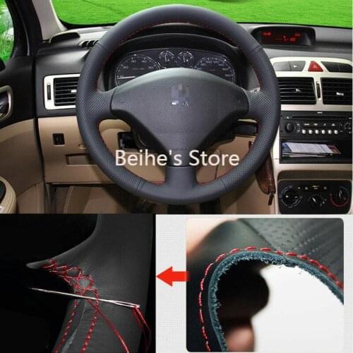 For Peugeot 307 Car Steering Wheel Cover Non-slip DIY Hand Sewing Black Leather
