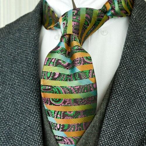 Free Shipping Stripes Paisley Multicolor Green Yellow Mens Ties Neckties 100% Silk Jacquard Woven Tie Sets Pocket Square New