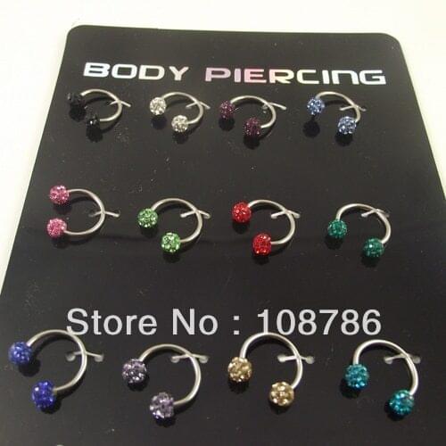 12pcs Stainless Steel Crystal ball Horseshoe Circular barbell body piercing captive ring jewelry Nose Ring Helix Tragus