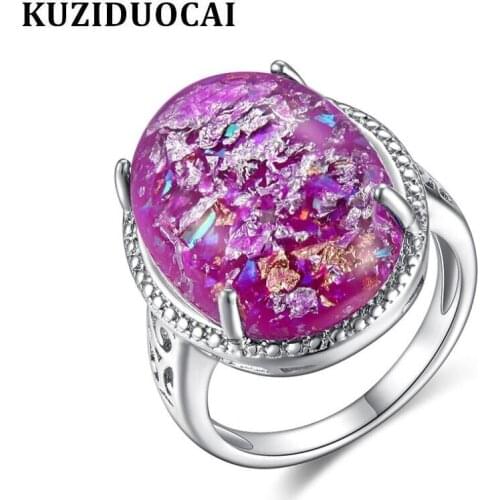 Kuziduocai 2018 New Fashion Fine Jewelry Openwork Carving Oval Opal Colorful Stainless Steel Wedding Rings For Women Gift R-595