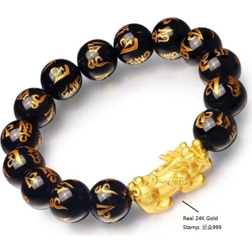 Genuine 24K Yellow Gold Bless Pixiu with 10mm Black Agate Beads Bracelet Length from 5" to 15"