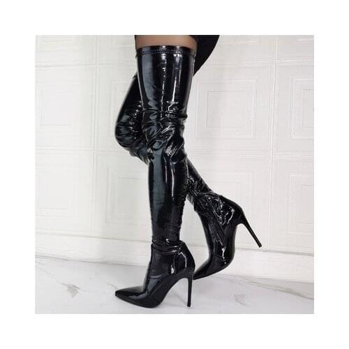 2022 New Fashion Women Winter Thigh High Shiny Boots Sexy Stiletto Heels Pointed Toe Elegant Black Shoes Woman Plus US Size 5-15