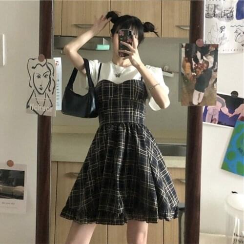 Summer New Korean Sleeveless Skirt High Waist All-match A- Line Ruffles Dungaree Dress Women Sweet Lolita Dress