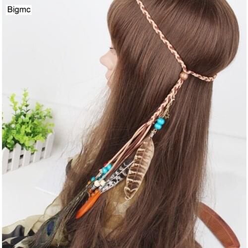 New Women Peacock Feathers Headband Indian Leather Pendants Hair Accessories Hair Band Party Jewelry A5008