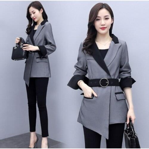New Women Fashion Blazer Notched Long Sleeve Gray Striped Suit Coat Ladies Outerwear