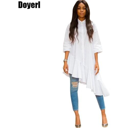 Autumn Half Sleeve Button Up White Shirt Dress Women Streetwear Turn Down Collar Ruffle Asymmetrical Hem Loose Casual Dresses