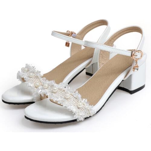 Retro Vintage Women Sandles Woman Large Size 52 15 16 Elegant Pearls Tweed Shoe Sandals Ladies Square Heels Summer Small Size 33