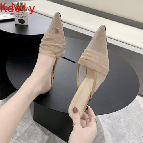 Women Mules Sandal Fashion Dot Mesh Slippers Pointed Toe Women Thin Low Heeled Slides Slip on Casual Summer Slippers Zapatos