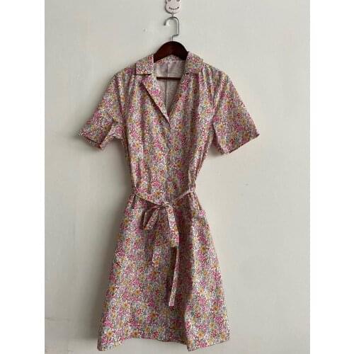 Elfbop Ladies Stylish Floral Printed Notched Short Sleeve Dress With Waist Ties