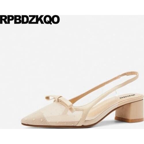 Kawaii High Heels Bow Slingback Shoes Brand Sandals Pointed Toe Strap Women Pumps Runway Chunky Polka Dot Beige Mesh Girls Suede