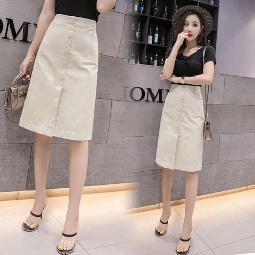 TingYiLi Button Front Pencil Skirt Elegant Ladies Work Wear Midi Skirts Womens White Beige Red Black Skirt
