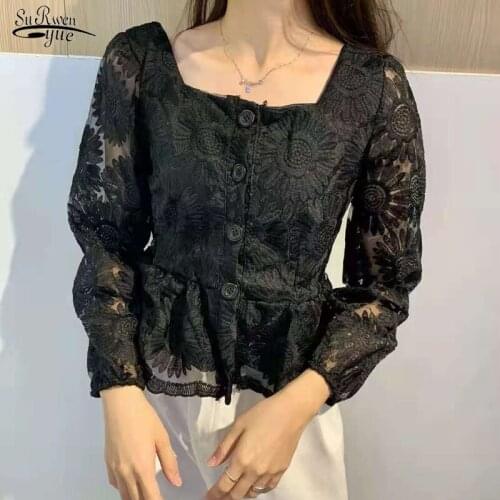 Spring Slim Shirts French Square Collar Embroidery Flowers Lace Blouse Women Ladies 5 Color Elegant Sweet Top Blusas Mujer 15599