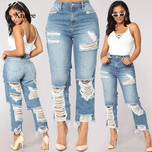 Womens Jeans Sexy Boyfriend Jeans Womens High Waist Ruined Jeans Street Rock Cut Out Loose Straight-Leg Jeans