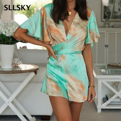 SLLSKY Tie Dye Printing Playsuits Women Summer Casual Short Sleeve V Neck Jumpsuit Female Backless Lace up Playsuits Rompers