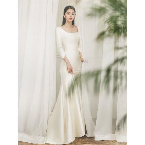 New Mermaid Wedding Dress Satin Simple Square Collar Three Quater Sleeve Sweep Train Bridal Dress Novia Vestido De Casamento