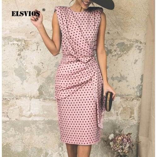 ELSVIOS 2019 New Sexy Draped Sleeveless Summer dress Women Polka Dot Print Bodycon Dress Elegant Office Package Hips Dresses 3XL