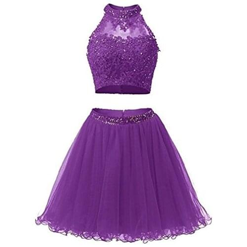 Two Pieces 1950S High Neck Homecoming Dresses Sexy Hollow Back Beading Tulle Short Cute 8th Grade Graduation Dresses Plus Size
