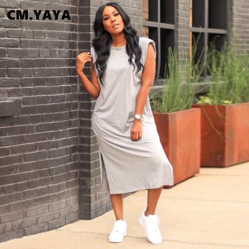 CM.YAYA Women Midi Dress Solid Straight Sleeveless O-neck Splited Loose Mid Calf Dresses Casual Fashion Streetwear Summer Outfit