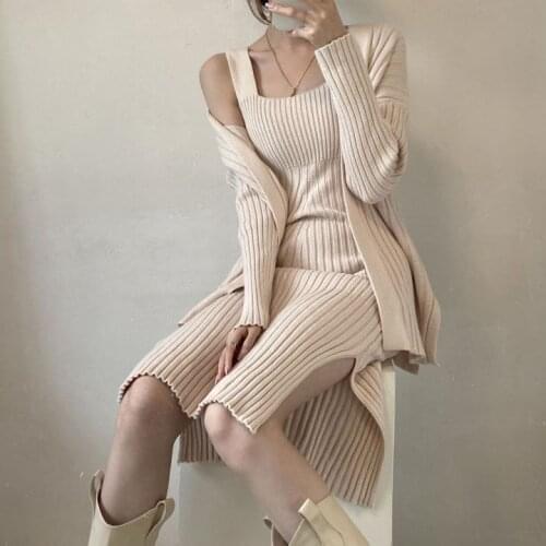 Elegant Striped Two Piece Dress Women Split Vest Sweater Dress + Long Sleeved Open Stitch Cardigan Autumn Winter Knitted Suit