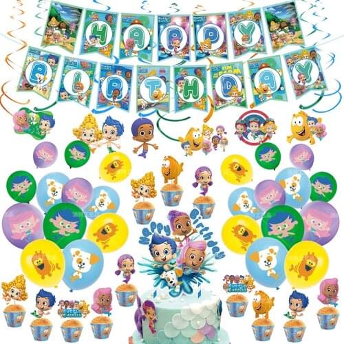 1set Bubble Guppies Balloon Cake Topper Toys Banner Happy Birthday Party Decorations Pet Cartoon Ocean Sea Fish Toys For Kids