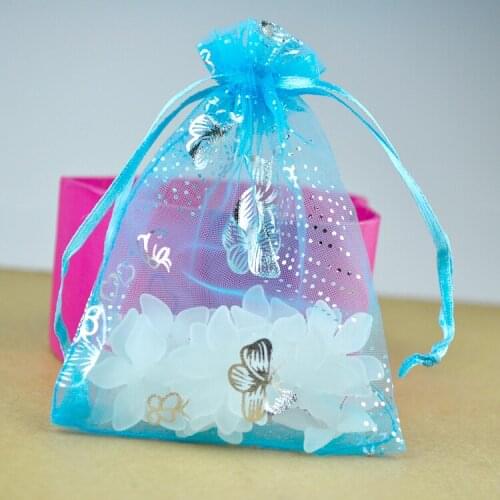 100pcs Lake Blue Organza Bag 7x9cm Small Jewelry Gift Packaging Bags Butterfly Design Wedding Favor Drawstring Pouch Gift Bag